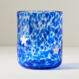 Anthropologie Icon Handblown Juice Glass  Blue Confetti Ed With White Stars NEW